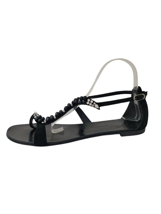 Giuseppe Zanotti Shoes - Giuseppe Zanotti Black Leather Strappy Crystal Beaded Flat Sandals Women's Sz 41